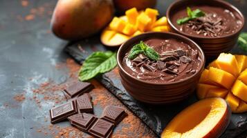 Two bowls of chocolate mousse with mango pieces, mint, and chocolate squares on a dark surface. photo