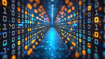 A digital tunnel of binary code representing data flow and technology. photo
