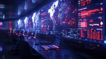 A futuristic control room with digital screens displaying global data and analytics. photo