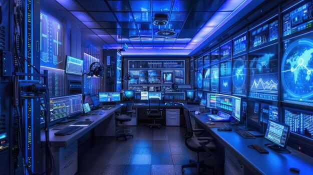 A high-tech control room filled with screens and data displays, emphasizing technology and analysis. photo
