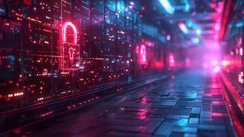 Futuristic digital corridor with neon locks and data streams. photo