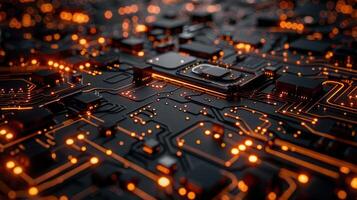 A close-up view of a circuit board with glowing orange elements and intricate pathways. photo