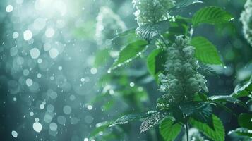 A serene image of flowering plants in a misty environment with raindrops and soft lighting. photo