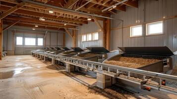 Interior of a facility with multiple large containers for processing materials. photo