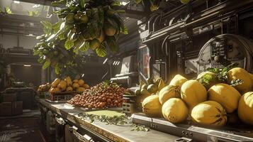 A vibrant display of assorted fruits in a futuristic market setting. photo