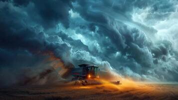 A combine harvester working in a stormy field under dramatic clouds. photo
