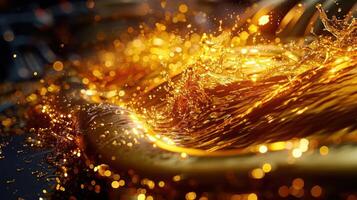 A close-up of golden liquid splashing, creating an abstract, dynamic visual effect. photo