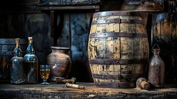 A rustic setting featuring a wooden barrel, vintage bottles, and a glass of drink. photo
