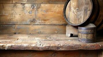 A rustic wooden shelf with barrels, evoking a vintage atmosphere. photo