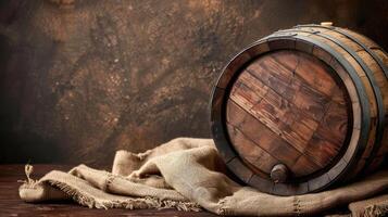 A wooden barrel resting on a textured surface with a burlap cloth. photo
