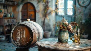 A rustic interior featuring a barrel, table, and decorative plants in a cozy setting. photo
