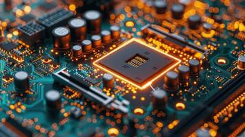 A close-up of a circuit board with a glowing microprocessor and electronic components. photo