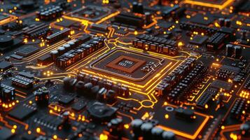 Close-up of a circuit board with glowing components, showcasing technology and design. photo