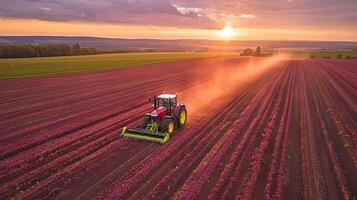 A tractor working in a vibrant field during sunset, creating dust clouds. photo