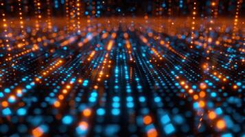 Abstract digital landscape with glowing blue and orange dots creating a futuristic effect. photo