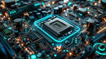 A close-up view of a futuristic circuit board with glowing elements and a central processor. photo
