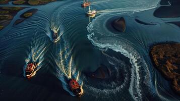 Aerial view of boats navigating through winding waterways, creating dynamic water patterns. photo