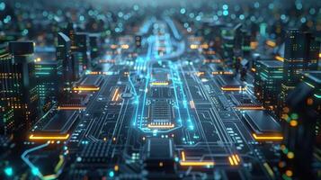 A futuristic cityscape resembling a circuit board with glowing elements and intricate designs. photo