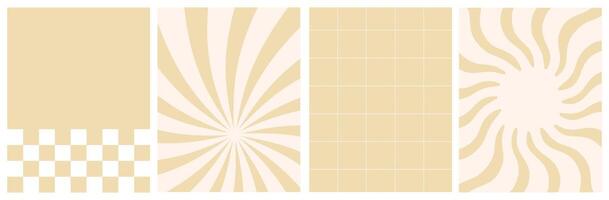 Groovy retro backgrounds of the 60s, 70s in beige palette. Chess board, wavy patterns. posters with lines, mesh, squares, in groovy style. Distorted texture for posters in Y2K aesthetic. vector