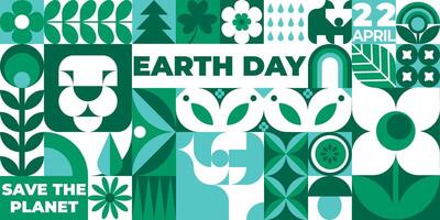 Happy Earth day geometric seamless pattern in green and blue colors. April 22. Mosaic background, banner, poster with plants, flowers, animals and simple forms. Neo geo art. Swiss style. vector