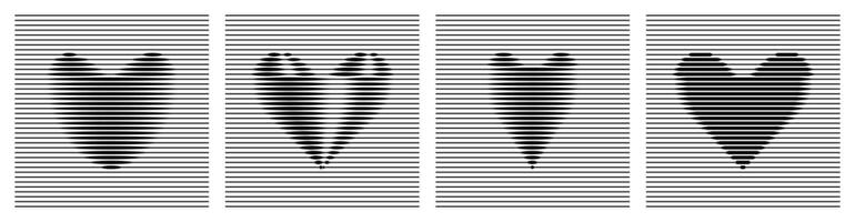 A set of hearts with halftone lines hologram effect. Abstract minimalist illustration in 2000s Y2K style. A love symbol. vector
