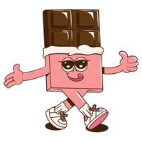 A Groovy cheerful dessert character. Retro cartoon illustration with a walking and teasing cookie for print, isticker, stamp or mascot for cafe, restaurant, bar. vector