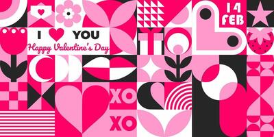 Geometric abstract seamless pattern for Valentines Day poster, banner, cover, wrapping, sale promotion template. Trendy illustration with hearts, flowers and simple forms. Neo geo style. vector