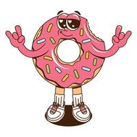 A Groovy cheerful dessert character. Retro cartoon illustration with a donut for print, isticker, stamp, patch or mascot for cafe, restaurant, bar. vector