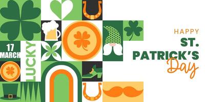 Happy St. Patricks Day abstract geometric horizontal background with a leprechaun hat, clover, gold coins, horseshoe, beer, simple forms. Trendy illustration for banner, poster, social media. vector