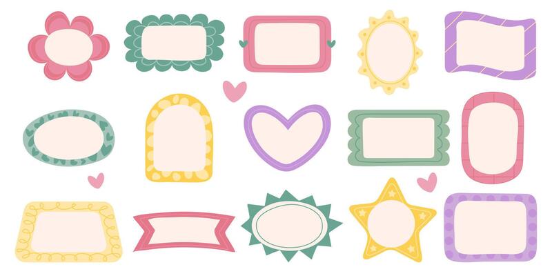 Hand drawn colored frames on a white background. Doodle textboxes in pastel colors. illustration with simple shapes, elements, drawn with a brush, pencil, stroke.