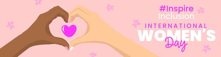 International Womens Day 2024 InspireInclusion banner template with heart hands sign and flowers on a pink background. 8 march, womens history month concept. design for header of website. vector