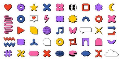 A sticker pack of bstract geometric shapes in neobrutalism style on a white background. Modern Y2K elements for UI UX design, stickers, patches, icons, notes. Contemporary , editable stroke. vector