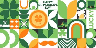 Happy St. Patricks Day geometric seamless pattern. Modern background with clover leaves, shamrock, gold coins, leprechaun hat, beer, rainbow and simple forms.Neo geo art. Swiss style. vector