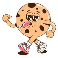 A Groovy cheerful dessert character. Retro cartoon illustration with a walking and teasing cookie for print, isticker, stamp or mascot for cafe, restaurant, bar. vector