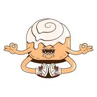 A Groovy cheerful dessert character. Retro cartoon illustration with the meditating synabon for print, isticker, stamp or mascot for cafe, restaurant, bar. vector