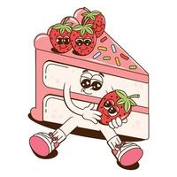 A Groovy cheerful dessert character. Retro cartoon illustration with a cake for print, isticker, stamp, patch or mascot for cafe, restaurant, bar. vector