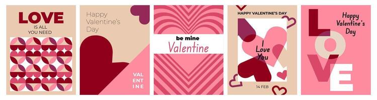 Happy Valentines day geometric abstract templates for posters, greeting cards, banners, social media. modern backgrounds with hearts and simple forms for prints, covers, wrapping. vector
