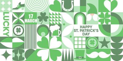 Happy St. Patric'ks Day geometric seamless pattern in green palette. Mosaic background with a leprechaun hat, clover leaves, gold coins, beer and simple forms.Neo geo art. Swiss style. vector