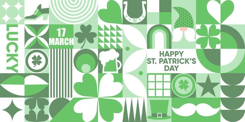 Happy St. Patric'ks Day geometric seamless pattern in green palette. Mosaic background with a leprechaun hat, clover leaves, gold coins, beer and simple forms.Neo geo art. Swiss style.