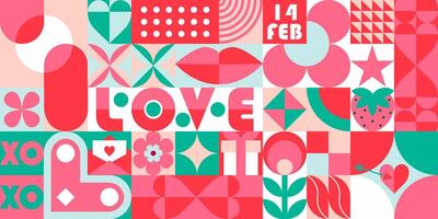Happy Valentine's day geometric abstract pattern for wrapping, greeting card, poster and social media. mosaic background with hearts, flowers, plants, letters and simple forms . Neo geo art. vector