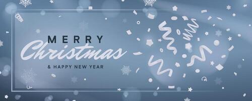 Merry Christmas and Happy New Year banner with 3D plastic falling confetti decoration. Festive design on blue background with glow light effect vector
