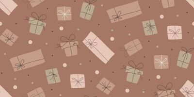 Giftbox with ribbon bowknot seamless pattern. Hand drawn elements on mocha background. Doodle design vector