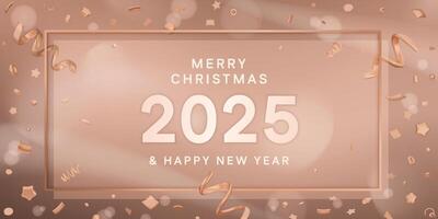 Happy 2025 New Year banner with 3D metallic falling confetti decoration. Holiday design on Mocha Mousse background, color of the year 2025. Glow light effect vector