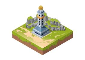 Isometric lighthouse or tower on rocky mountain vector