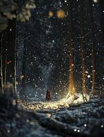 A person walking through a forest at night photo