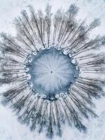 Aerial View of a Frozen Circular Pond Surrounded by Leafless Trees Revealing Intricate Patterns and Snow-Covered Landscape in Winter Wonderland photo
