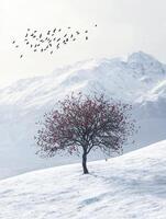 Serene Winter Landscape with a Vibrant Red Tree, Snowy Mountains, and Flocking Birds Creating a Mystical and Peaceful Atmosphere in Nature photo
