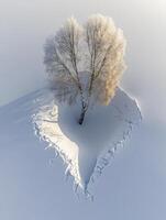 Heart-Shaped Snow Landscape with Bare Tree in Frosty Wilderness, Showcasing Winter Serenity and Natural Beauty in a Snowy Setting photo