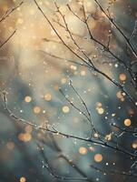 Beautiful Abstract Background of Frosted Branches with Golden Bokeh Shimmering Lights in a Winter Wonderland Environment photo