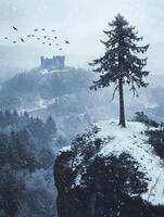 Snowy Landscape with Majestic Tree and Castle in Misty Background Surrounded by Birds Flying in the Frosty Air During Winter Season photo